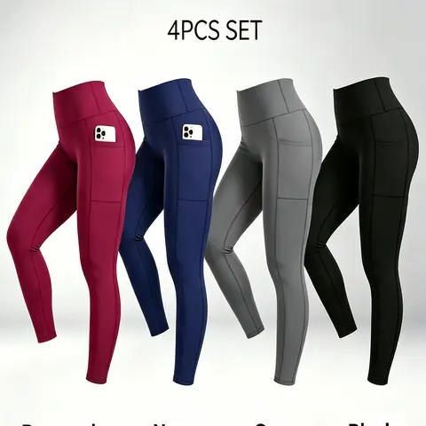 4-pack high-waisted full-length leggings with pockets, tummy control,  yoga pants for spring, summer, and fall training; summery vibes; women’s wear, solid color, all-season casual style， clothing gym Athletic Bottoms butt lifting all-day activewear