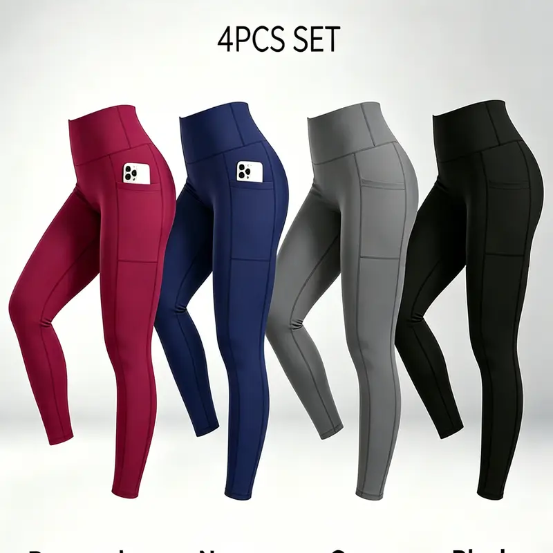 4-pack high-waisted full-length leggings with pockets, tummy control, yoga pants for spring, summer, and fall training; summery vibes; women’s wear, solid color, all-season casual style, clothing gym Athletic Bottoms butt lifting all-day activewear