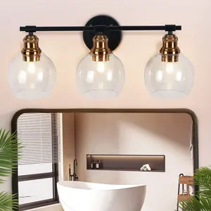 Led Lighted，3 Light Bathroom Vanity Light, Black and Gold Bathroom Light Fixtures, Sconces Wall Lighting with Seeded Glass Shade, Modern Brushed Gold Vanity Lights for Bathroom, Bedroom, Hallway