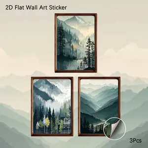 2D Flat Wall Art, 3Pcs PVC Self-Adhesive Framed Wallpaper Sticker, Minimalist Green Tone Misty Mountain & Forest Landscape Wall Decals, Serene Nature Aesthetic Decor for Living Room, Bedroom, Ideal for Japandi Lovers & Nature Art Fans