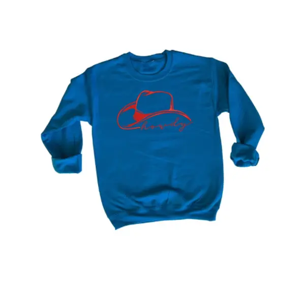 HOWDY Embroidered Crewneck in Blue with Red 'Howdy' Unisex Fit - Winter Sweaters