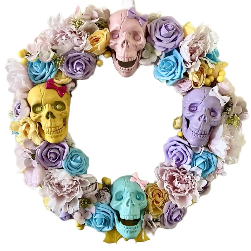 Summer Skull Wreath Front Door Decor with Colorful Flowers and Skulls for Stylish Home Decor