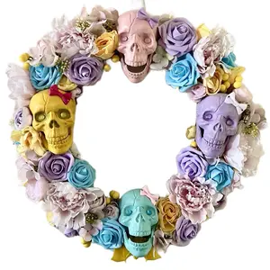 Summer Skull Wreath Front Door Decor with Colorful Flowers and Skulls for Stylish Home Decor
