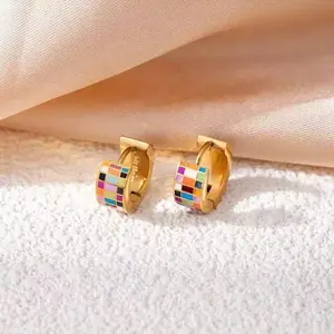 Checkered Super Chunky Huggie Hoop EarringsColorful Checkered Chunky Huggie Hoop Earrings, Vintage Geometric Titanium Steel Earrings, Minimalist Luxury Fashion Jewelry For Women
