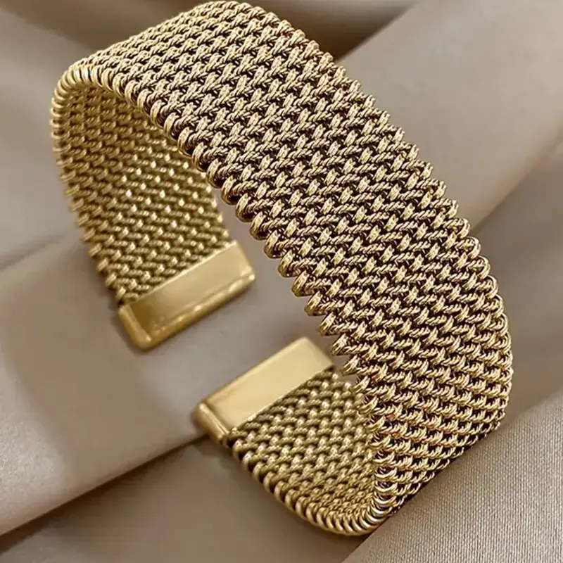 Vintage Stainless Steel Woven Mesh Open Chain Bracelet, Durable Bracelet, Waterproof Jewelry for Women & Men, Daily Wear Accessory, Perfect Gift Idea