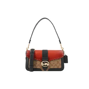 COACH Georgie 27 Rivet-Embellished Color-Blocked Leather Dionysus Bag for Women – Red and Brown Monogram