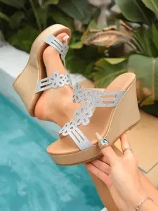 Women's Silver Color Rhinestone Wedge Sandals, Hollow Out Flip Flops, Summer Casual Beach Shoes, Textile Upper, Rubber Sole