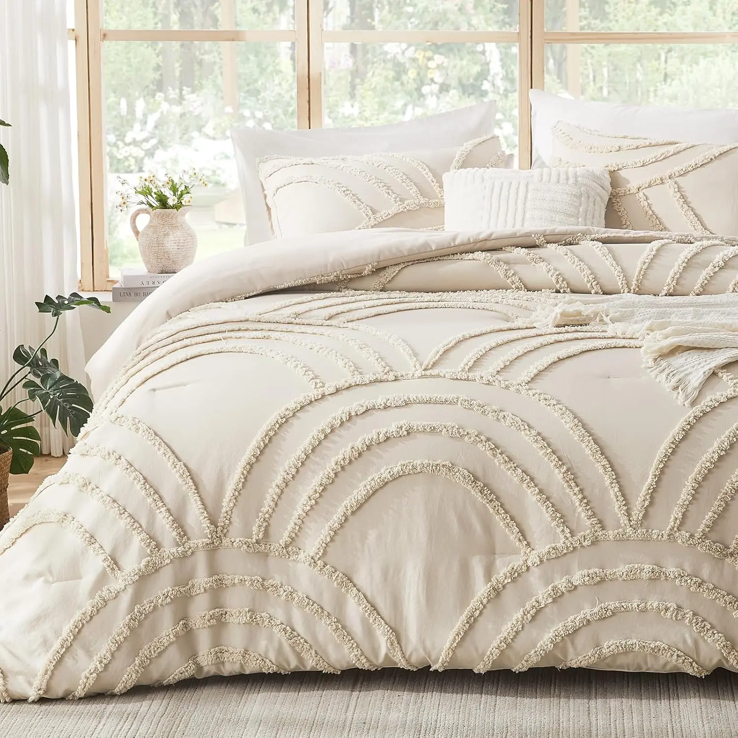 Boho California  Comforter Set - Beige  Size Comforter Set, 3 count Tufted Rainbow Bedding Comforters for  Season, Lightweight Soft Microfiber Comforter with 2 Pillow Cases