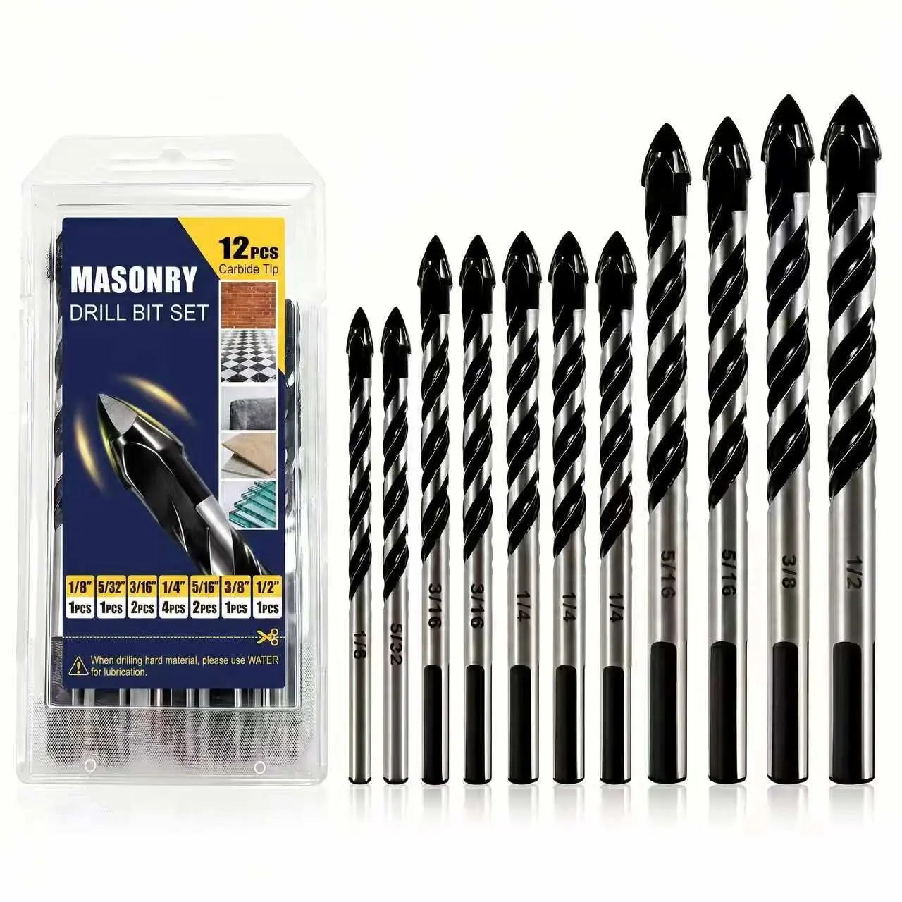 12-PCS Professional Multi-Size Masonry Drill Bit Set, 1/8 to 1/2 inch Carbide-Tip Long-Lasting Steel Bits for Hand Drill, Suitable for Brick & Other Key Materials