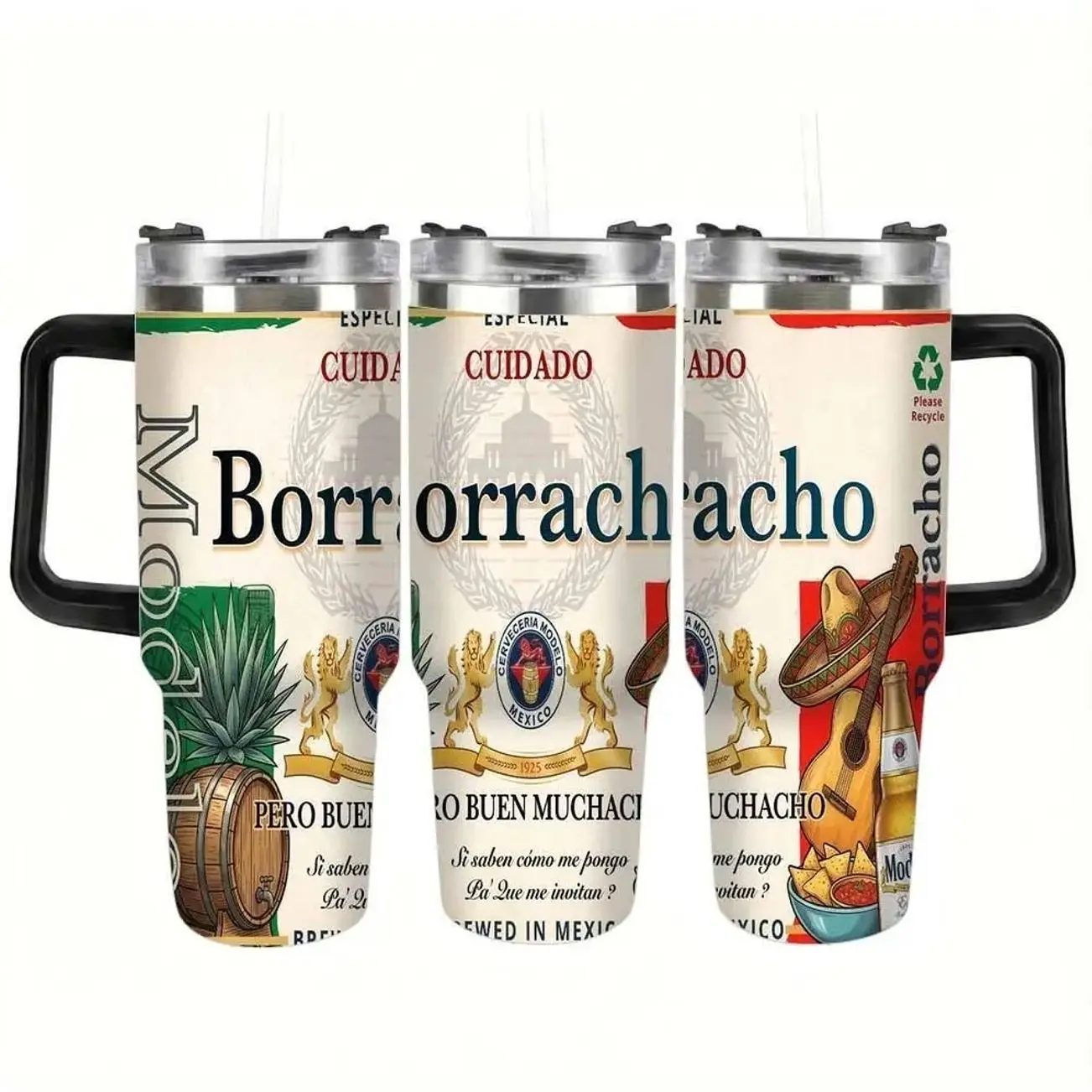 40oz/30oz/20oz Mexican Beer Inspired Tumbler with Handle, Borrachacho Plaid Straw Hat Guitar Print Insulated Stainless Steel Travel Mug, Funny Cinco de Mayo Fiesta Party Decor, Novelty Birthday Gifts for Men Him