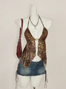 ICON Vintage Leopard Print Backless Halter Neck Camisole With Slit Hem Cheetah Print