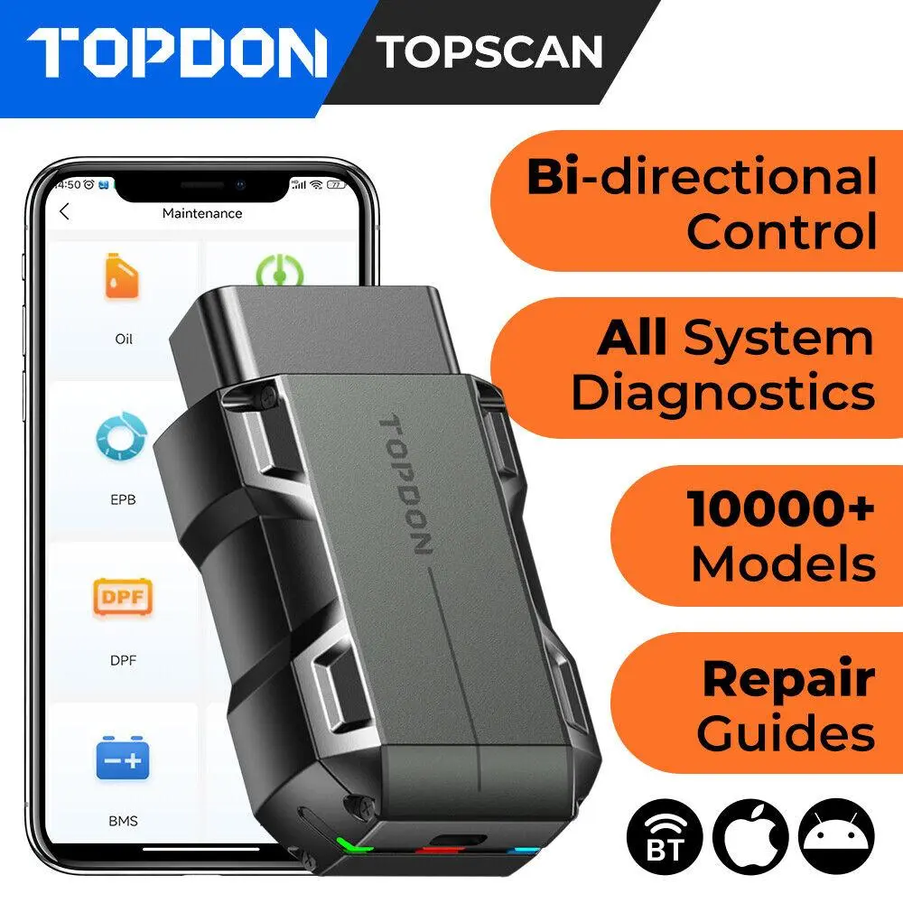 TOPDON TopScan OBDII Diagnostic Code Readers & Scanners - Bluetooth 5.0, Full System Diagnostics, 8+ Functions, Bi-Directional Control, 10000+ Models Compatibility, Engine Displacement Efficiency Check for Mechanics