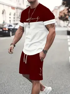 Men's Casual Short Sleeve Tee Set, King Print Classic Stripe Design, Summer Outdoor Sports, Soft Comfortable Wear, Ideal Gift