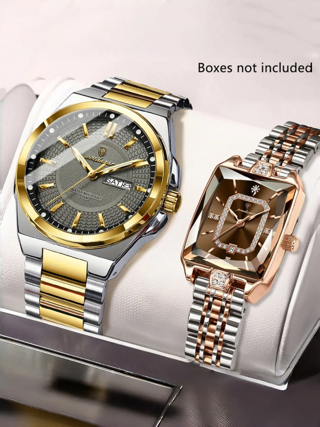 POEDAGAR2PCS men's and women's watch set, suitable for daily casual fashion accessories, waterproof night light automatic date display, stainless steel quartz watch, Fashionable Watches, Luminous Date Wristwatch, Fashionable Stylish Watch, High End Watch