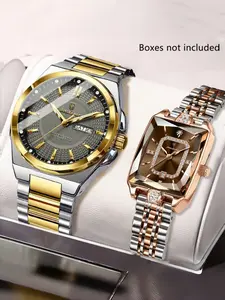 POEDAGAR2PCS men's and women's watch set, suitable for daily casual fashion accessories, waterproof night light automatic date display, stainless steel quartz watch, Fashionable Stylish Watch, High End Watch