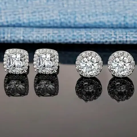 Men's 925 Sterling Silver Post Cubic Zirconia Stud Earrings - 3g, Hypoallergenic, Round/Square Accent Stones, Mix-Match Layers, Adults' Daily Wear Jewelry, Mens Gifts, Gifts for Boyfriends, Jewelry for Women