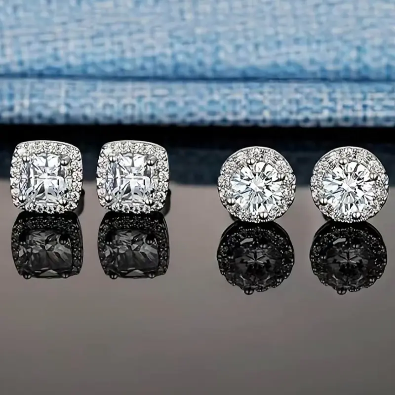 Men's 925 Sterling Silver Post Cubic Zirconia Stud Earrings - 3g, Hypoallergenic, Round/Square Accent Stones, Mix-Match Layers, Adults' Daily Wear Jewelry, Mens Gifts, Gifts for Boyfriends, Jewelry for Women