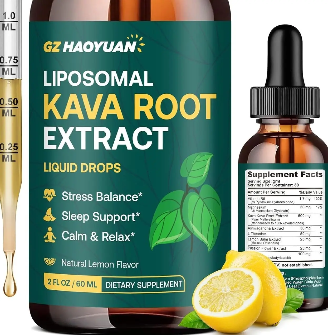 Liposomal Kava Kava Drops for Calming & Relaxation – Kava Root Extract Supplement with GABA, Ashwagandha & Magnesium - Support Mood & Better Sleep, Fast-Absorbing Vegan Kava Liquid Drops Lemon 2 Fl Oz