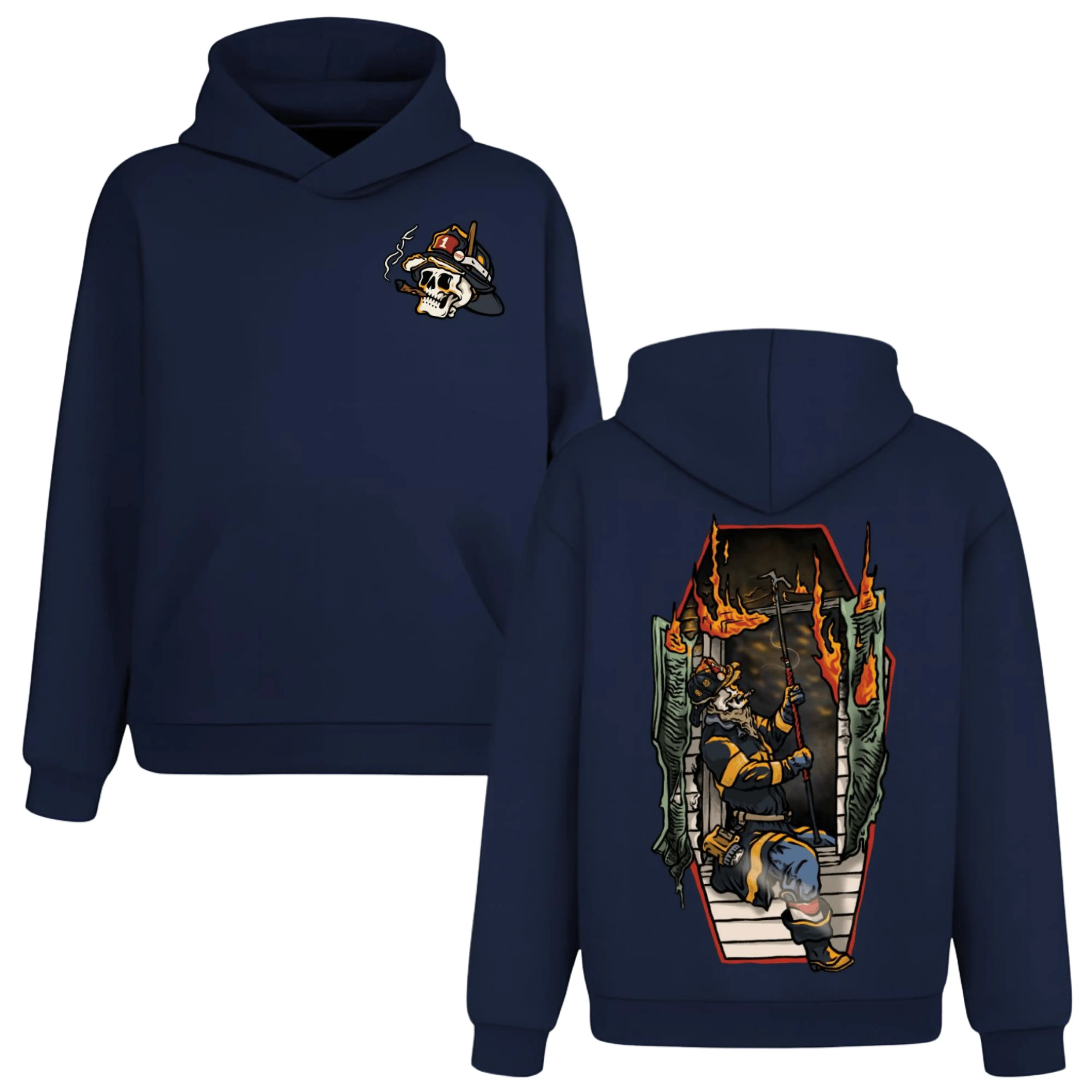 Skeleton Firefighter Burning Door Hoodie, 2 Sides, Skull Fireman Hoody, Fire Rescue Hooded Sweatshirt