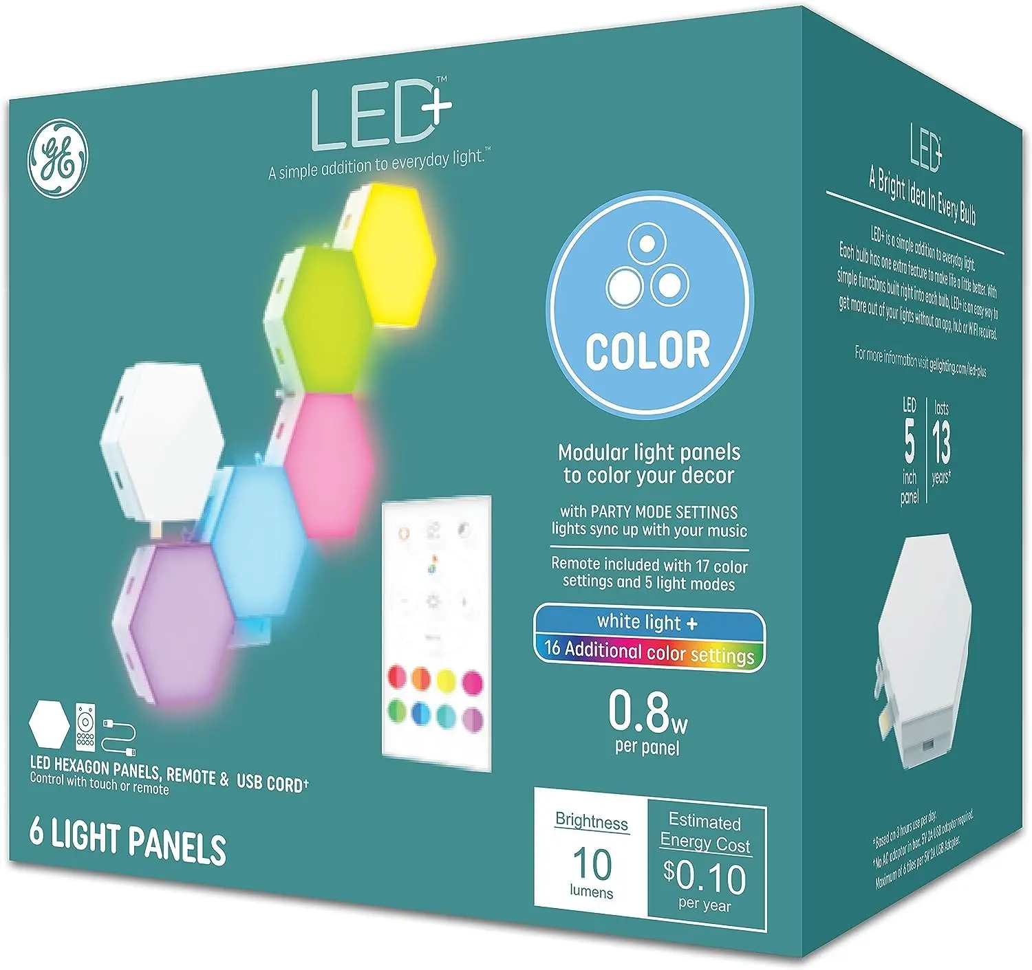 GE LED+ Hex Light Panels - 16 Color Settings - Remote Control Included - White Light - College Dorm Light - Dorm Room Essentials