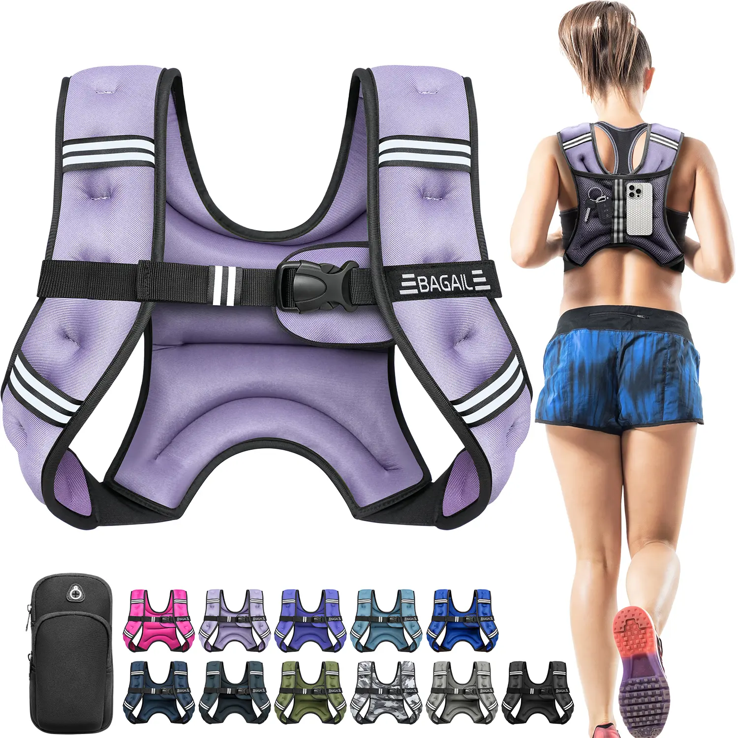 【SummerVibes】BAGAIL Comfort-Fit Weighted Vest for Woman, Even Weight Distribution, No-Chafe or Bounce for Walking & Running with Detachable Phone Pouch & Reflective Stripes (Available 5-30lbs) Summervibes