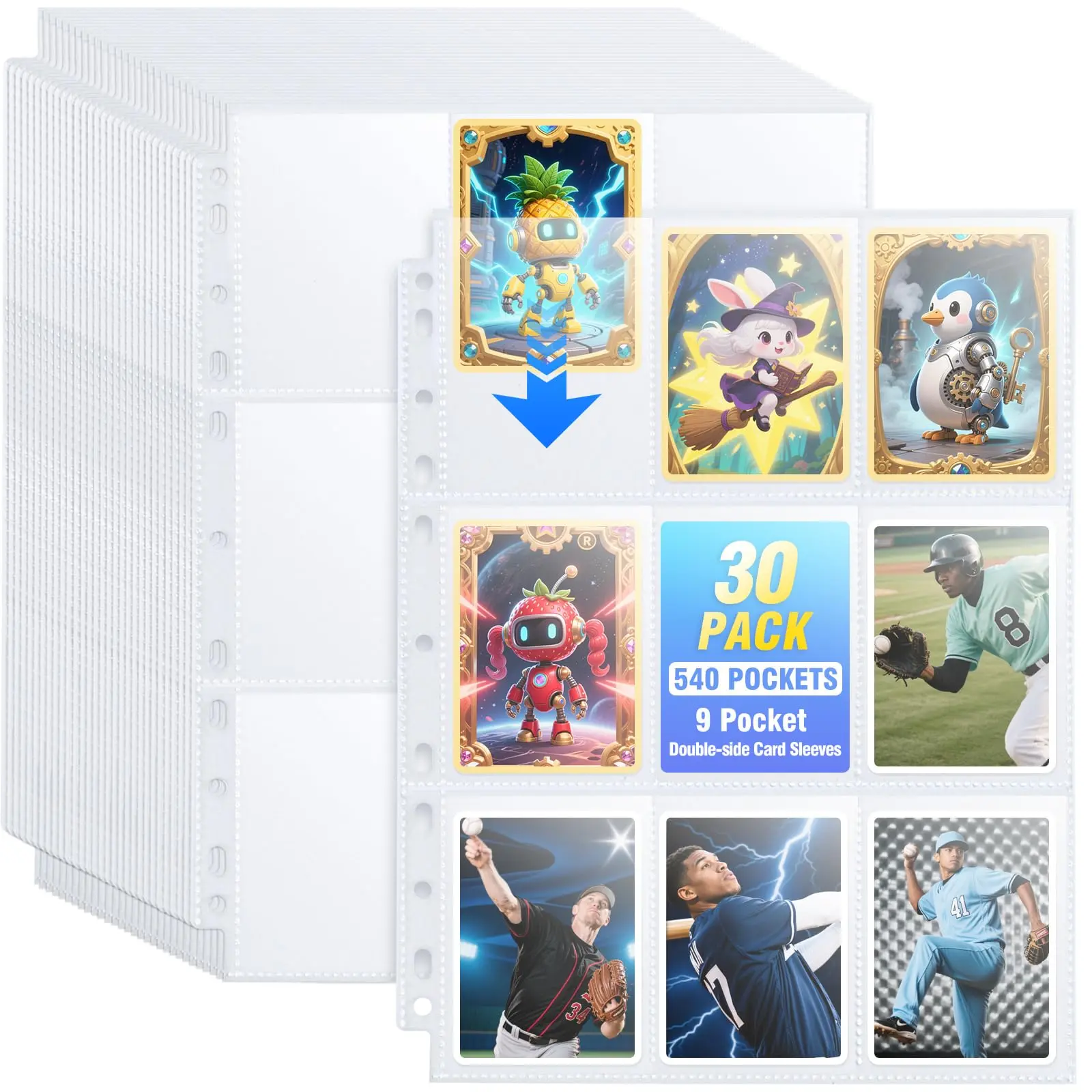30 Pack 540 Pocket Binder Pages Double-Sided 9 Pocket Trading Card Sleeves for 3 Ring Binder, Clear Plastic Pages for Sport and Game Cards