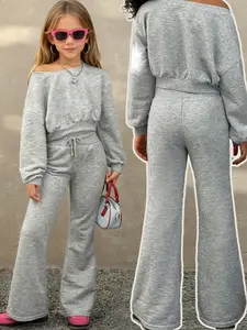 Off-Shoulder 2-Piece Kids Tracksuit, Cropped Sweatshirt & Flare Sweatpants, Casual Streetwear for Girls, All Seasons