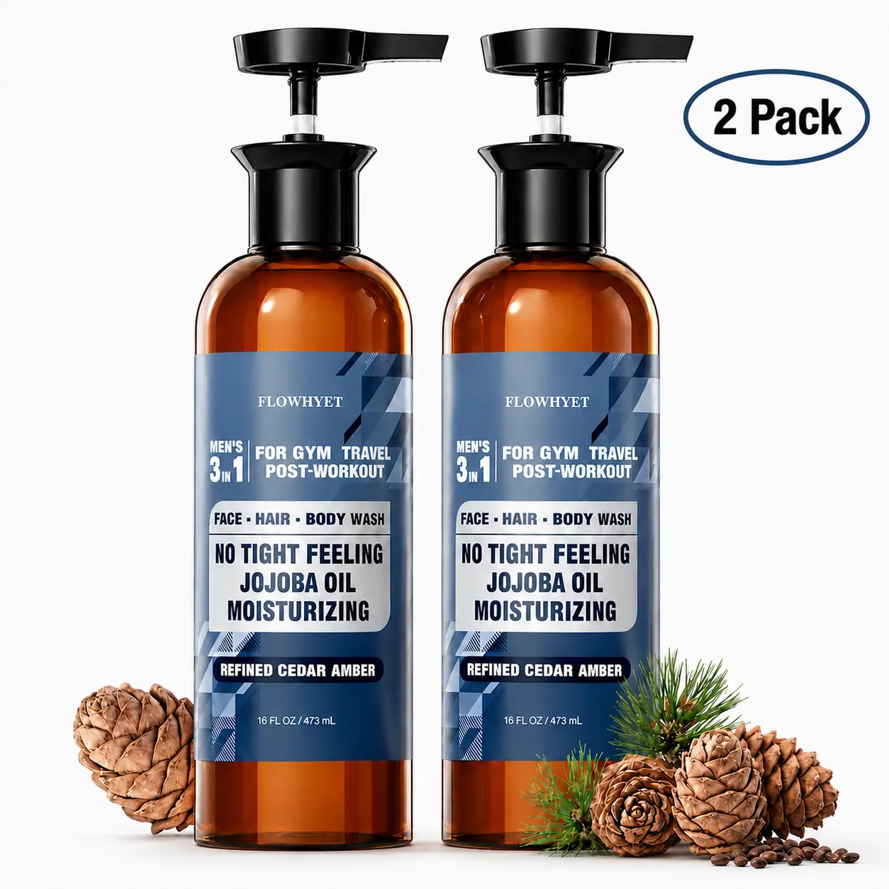 Mens 3 in 1 Body Wash and Shampoo Face Wash, Shower Gel for Men | Body Wash with Jojoba Oil, Men's Shampoo for Post work Travel Body Wash Men for Gym, Cedarwood Amber Scent, 16 oz (Pack of 2)