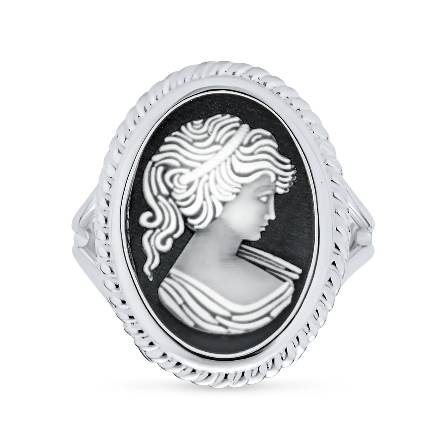 Victorian Lady Portrait Oval Black Cameo Statement Ring 925 Sterling Silver