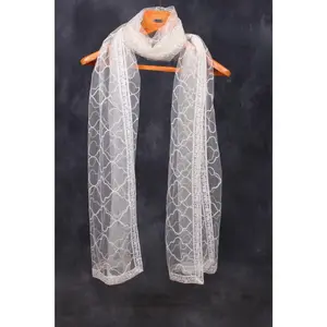 White Embroidered Sequined Net Dupatta