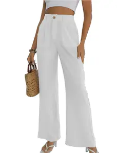 Heipeiwa Women's Cotton Linen Wide Leg Pants High Elastic Waist Casual Business Work Trousers