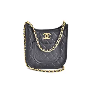 Pre-owned CHANEL Calfskin Vertical Hobo Bag Black CC Logo Gold Hardware