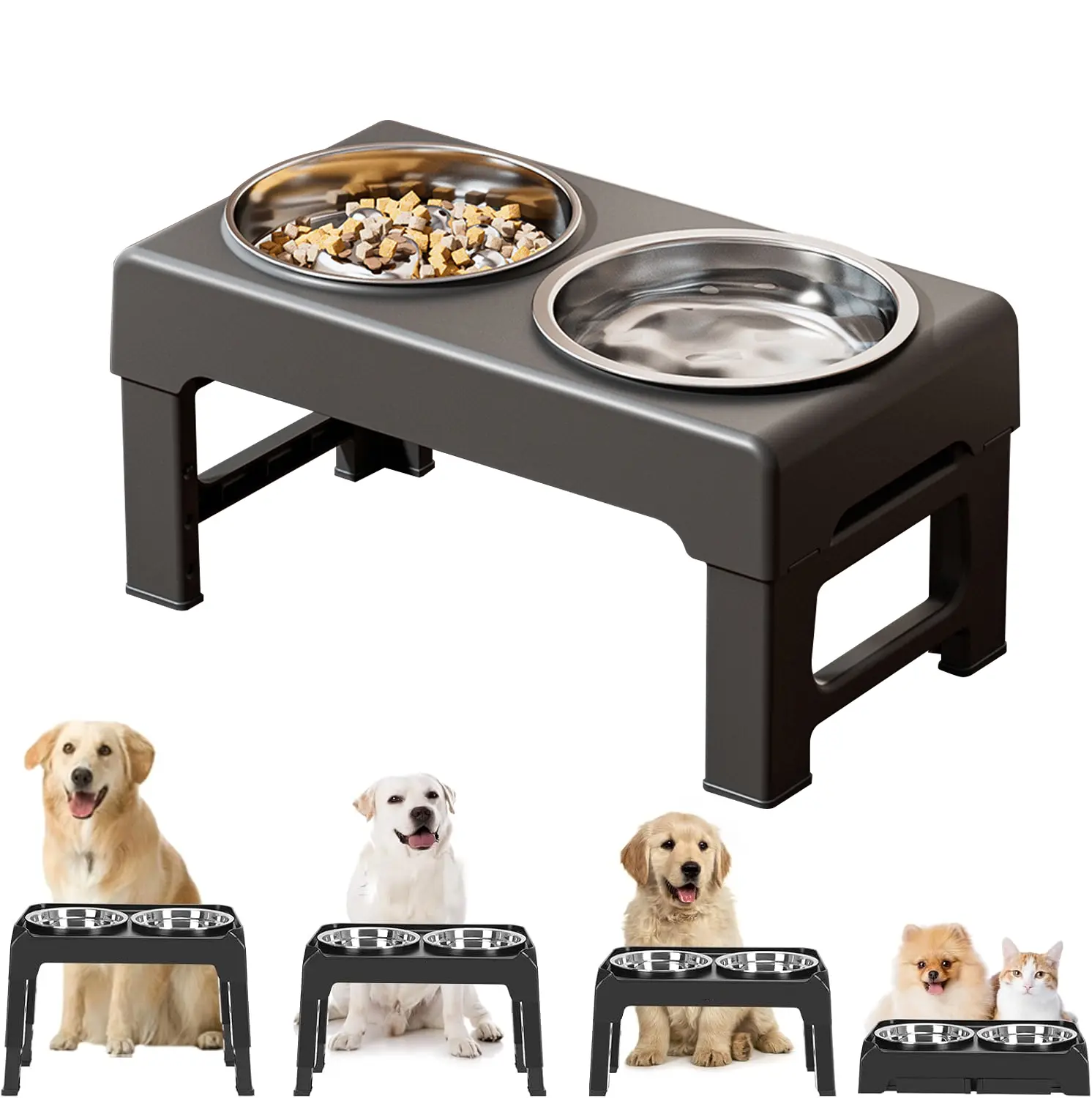Elevated Adjustable Dog Bowls for Large Dogs, Stainless Steel Slow Feeder Dog Bowl with Height Adjustable Stand (21-27cm / 8.3-10.6'' ),17.1" Wide  Anti-Slip No-Spill Raised Pet Feeder for Neck Protection & Healthy Digestion