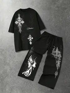 Unisex Two-Piece Set Trendy Dark Aesthetic Angel Print, Main Color with Cross Angel Detail, Loose Comfort Fit, Casual Style