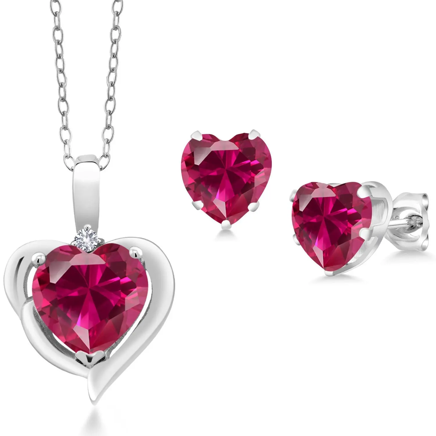 Gem Stone King 925 Sterling Silver Red Created Ruby and White Created Sapphire Pendant Necklace Earrings Set For Women (3.64 Cttw, Heart Shape 8MM and 6MM, with 18 Inch Chain)