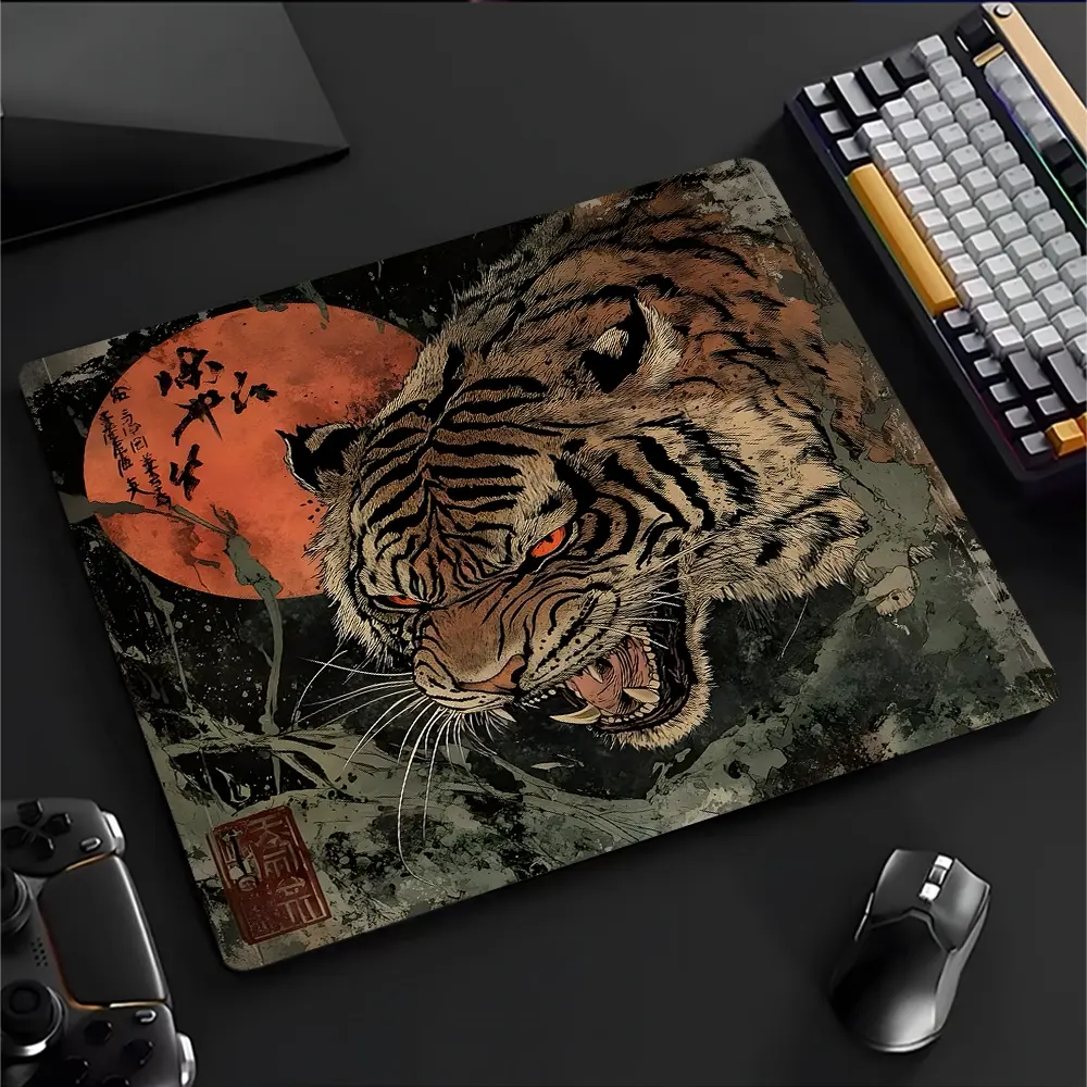 Retro Tiger Ukiyo-e Red Sun Large Gaming Glass Mouse Pad,High Quality Reinforced Glass, Aesthetic Waterproof Washable Smooth Hard Desk Mat, Smooth touch is a must-have for gamers,Reinforced and Upgraded Smooth for Gaming,Ideal Gift for Family Friend
