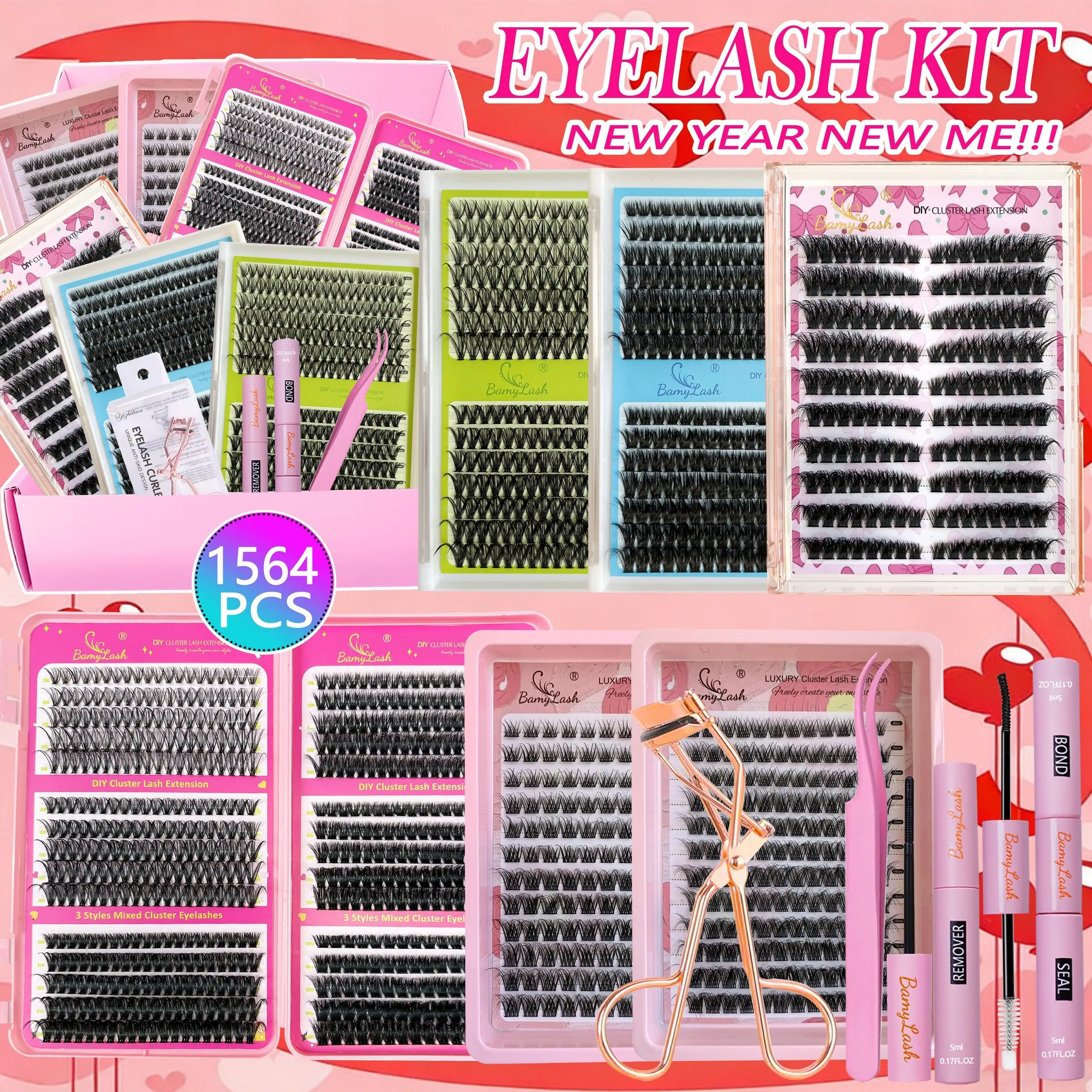 9 Styles Cluster False Eyelash Set, Fluffy Eyelashes, D Curl Lashes, 1564 Pcs Extension, 8-18mm length mixed, Different styles for DIY Eyelash Extensions Home Use, Includes Adhesive & Sealer, Natural Fluffy Dense Volume for Eye Makeup, Cosmetic