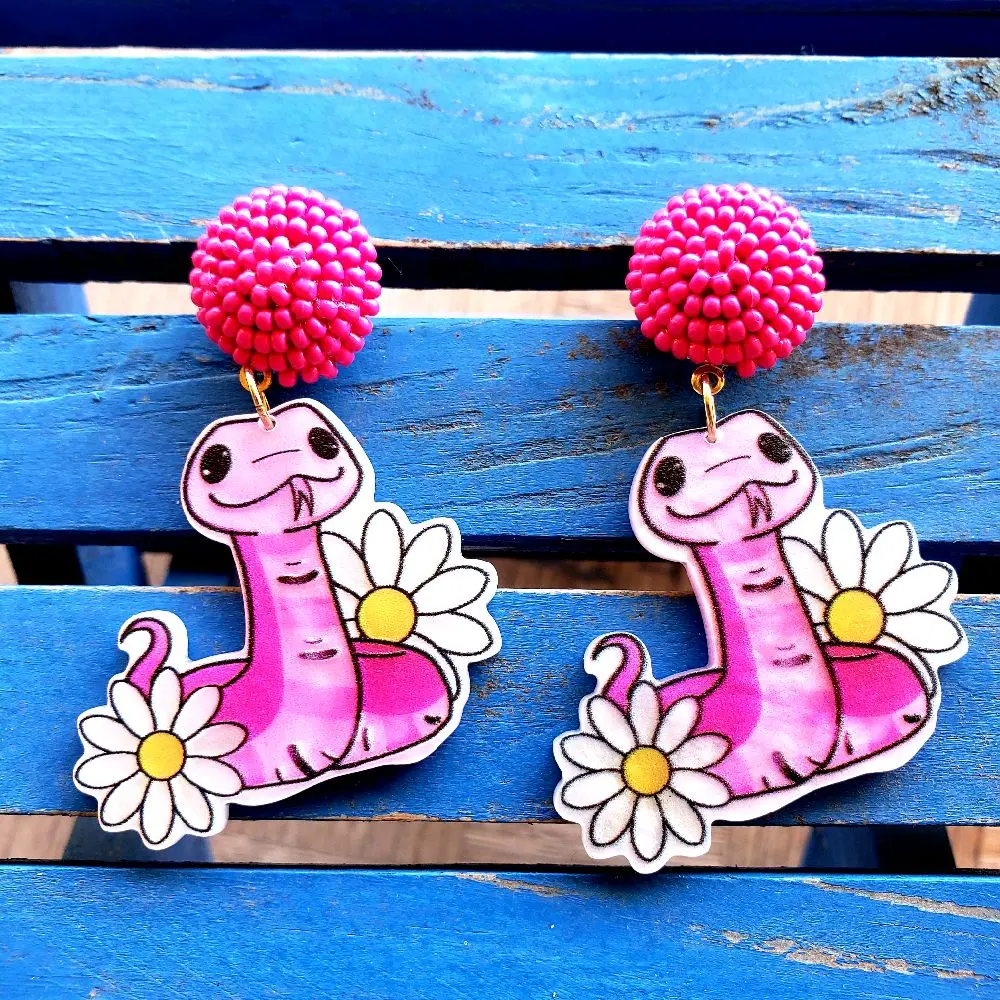 #54 Pink Snake & Daisy Earrings – Acrylic Dangle Earrings with Beaded Studs | Cute Snake Jewelry | Handmade Fun Earrings | Whimsical Gift for He