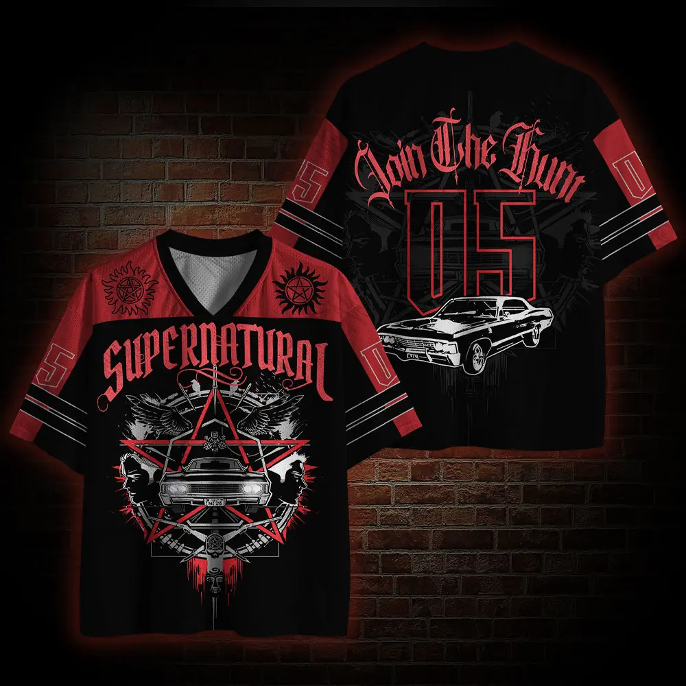 Dark Fantasy Car Hunter Mesh Baseball Jersey, Spooky Season Custom 05 Sport Shirt, Aesthetic Gothic Graphic Team Uniform, Novelty Halloween Party Costume Top