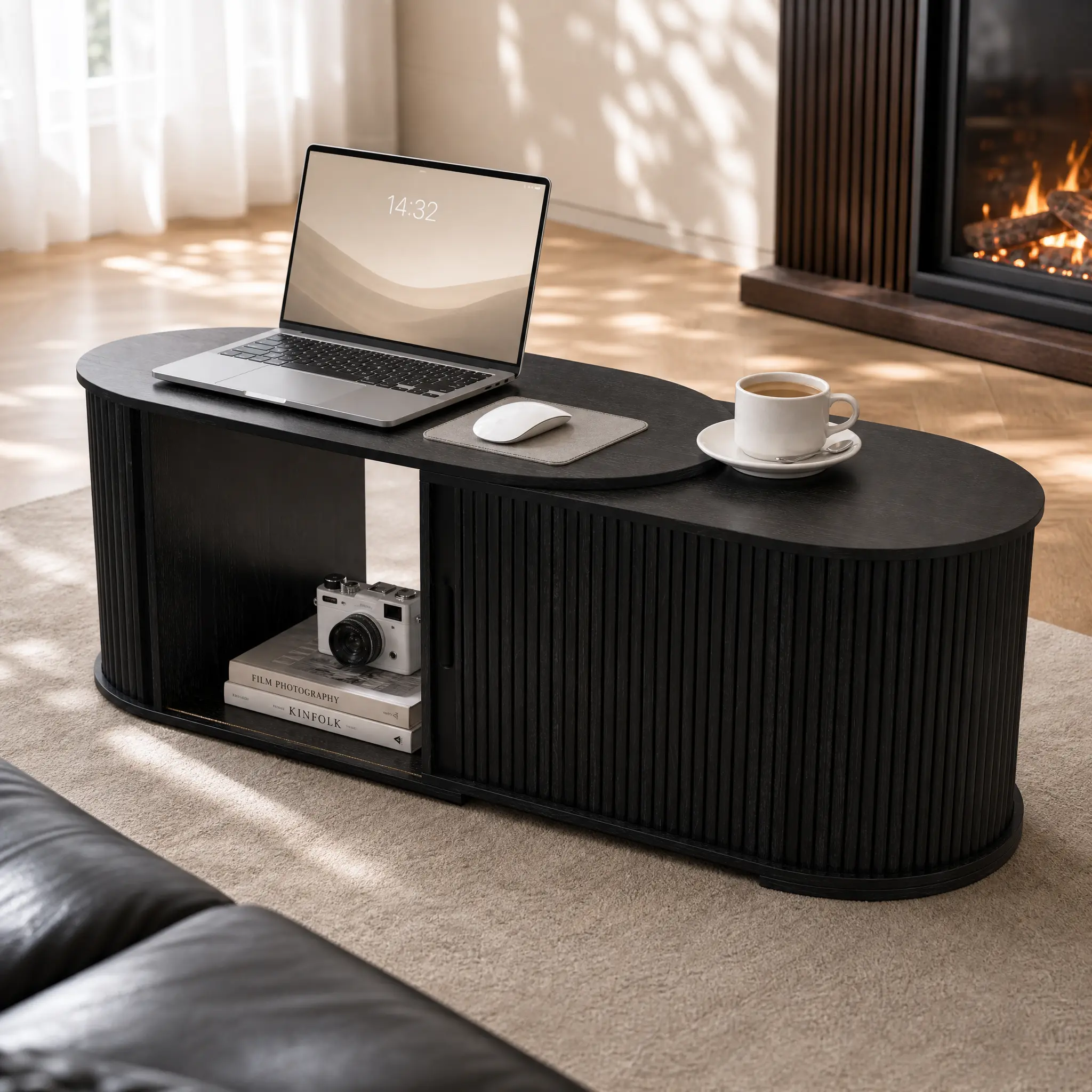 Oakault Multi-Functional Coffee Table with Storage, Extendable Up to 55.12 Inches.Oval Coffee Table with Vertical Striped Sliding Door & Round Base, Mid-Century Modern Center Table for Living Room, (Black)