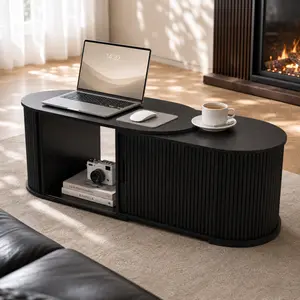 Oakault Multi-Functional Coffee Table with Storage, Extendable Up to 55.12 Inches.Oval Coffee Table with Vertical Striped Sliding Door & Round Base, Mid-Century Modern Center Table for Living Room, (Black)