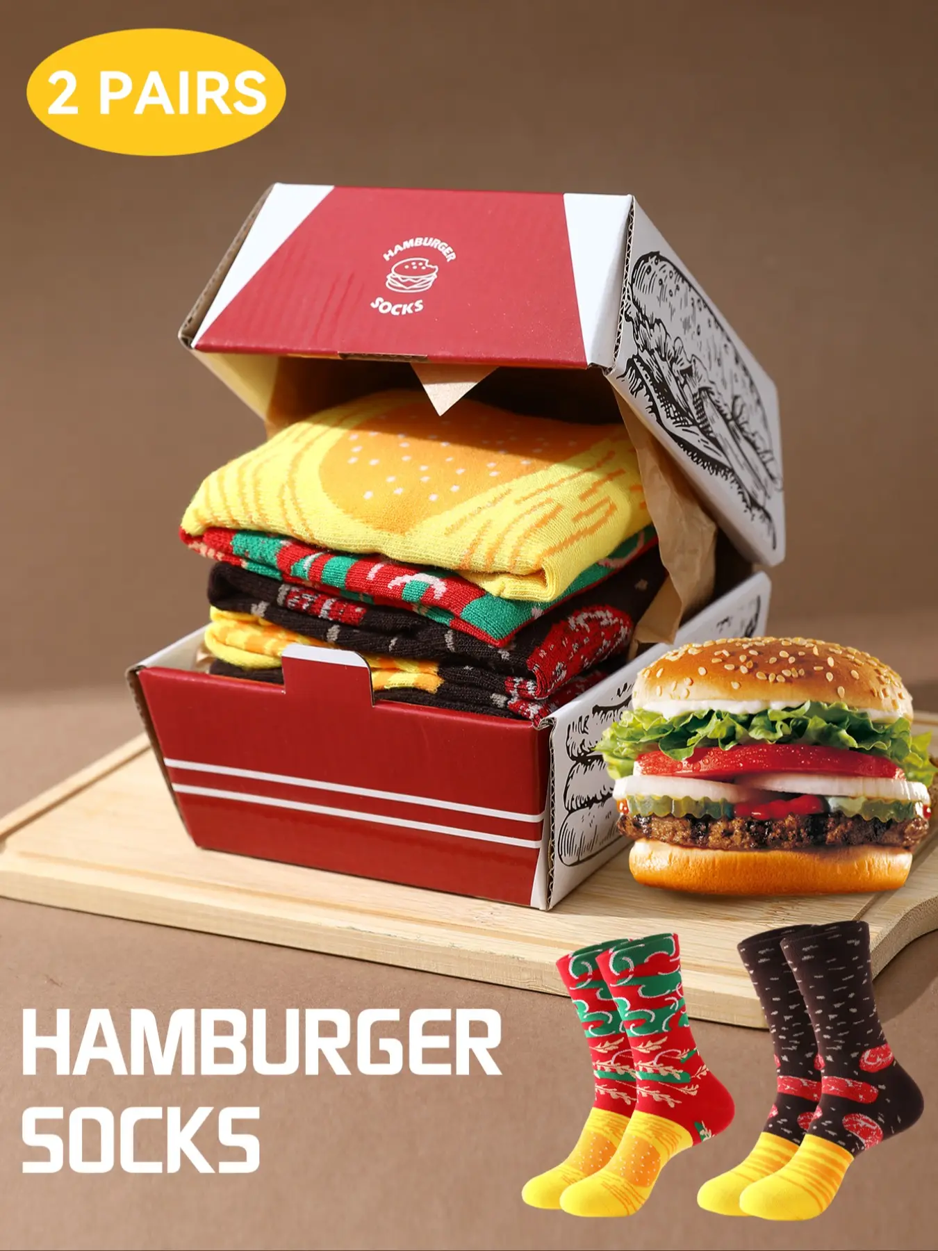 2 Pairs Value Mid-Calf Gift Socks, Unisex Box Set, Soft Burger Novelty Socks, Creative Food Design, Comfortable Casual Wear Gift for Valentine's Day/Easter/Ramadan/Super Bowl/Family Day Surprise Gift for Partner & Family