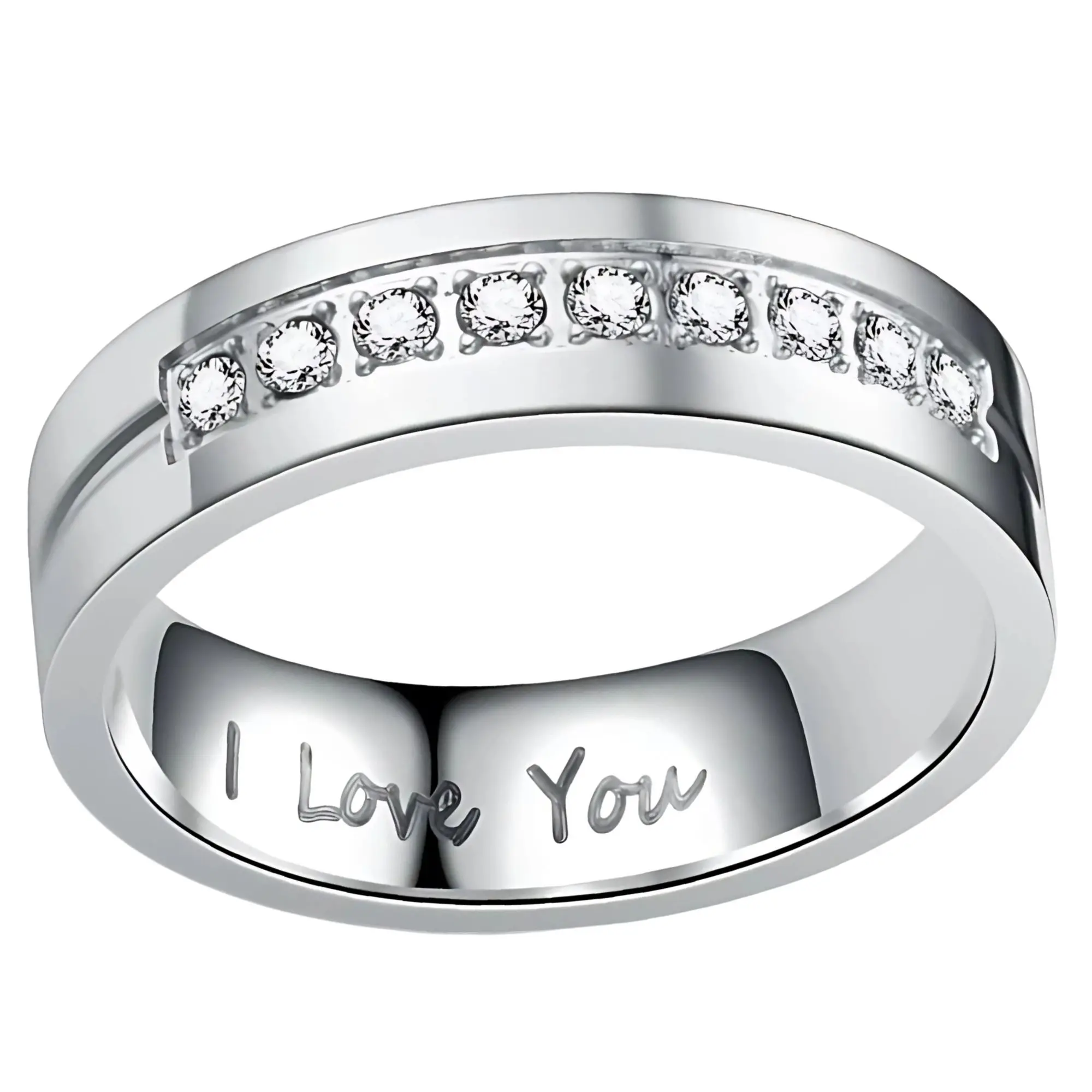 Ginger Lyne Collection 6mm Stainless Steel Wedding Band, Inscribed "I Love You", Cubic Zirconia, Smooth Polish Finish, Unisex Bridal Costume Jewelry Ring