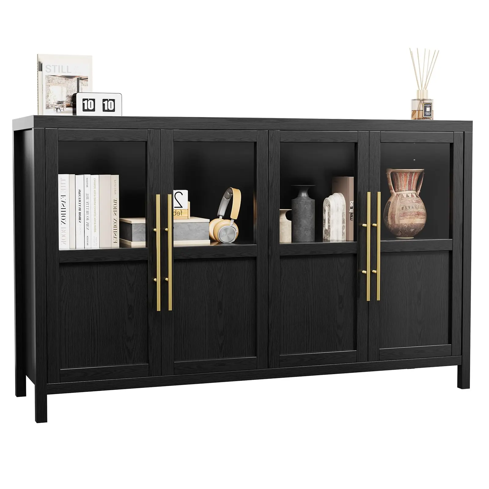 Garvee 55 Inch Buffet Sideboard Cabinet - 4-Glass Doors - Wooden Entryway Storage for Kitchen, Dining Room, Living Room - Black