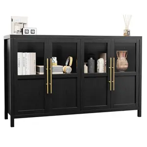 Garvee 55 Inch Buffet Sideboard Cabinet - 4-Glass Doors - Wooden Entryway Storage for Kitchen, Dining Room, Living Room - Black