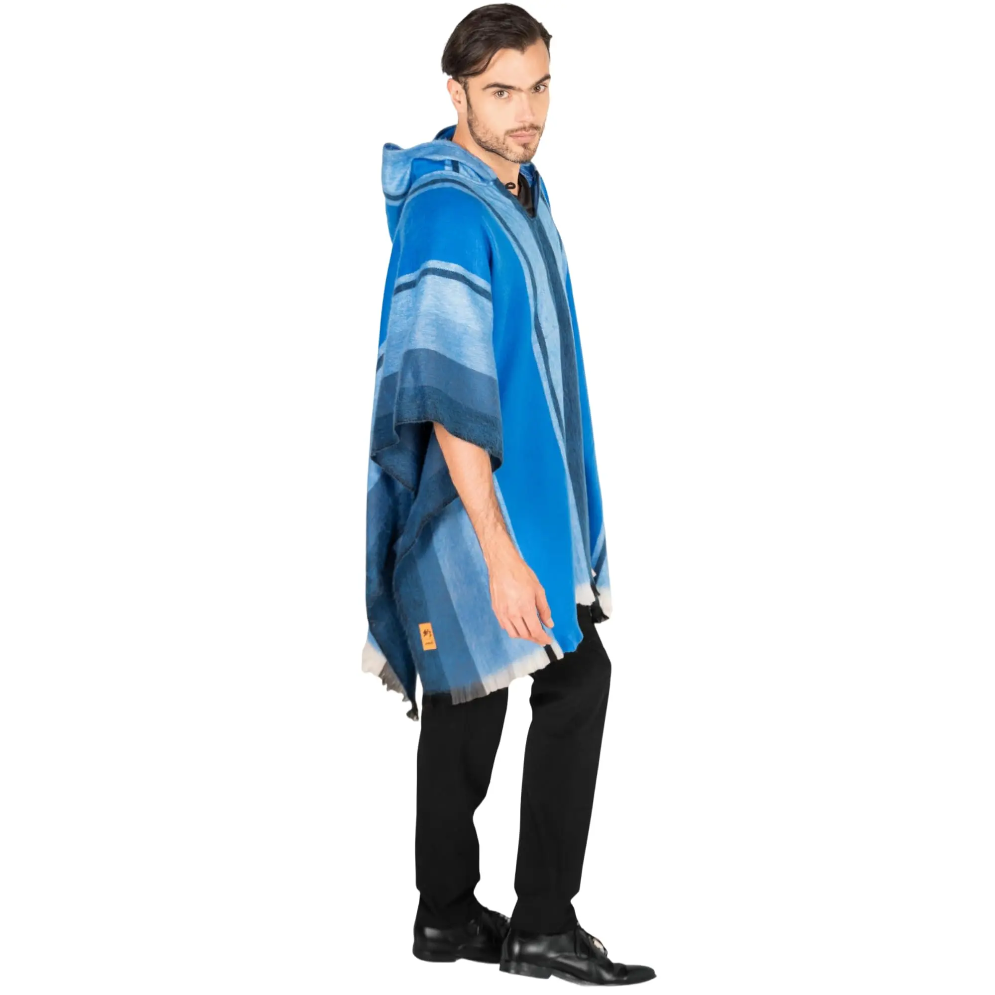 Premium Alpaca Wool Poncho – Western Hooded Cape for Men & Women – 70% Alpaca, Soft & Warm Mexican Poncho - Blue & Black Design