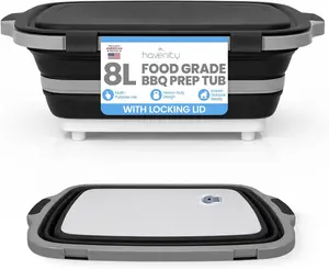 BBQ Prep Tub 8L – Collapsible Cutting Board & Dish Basin with Locking Lid, Multifunctional Meat Storage Container for Meal Prep, Camping, Grilling & Outdoor Cooking