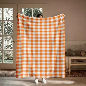Orange Gingham Flannel Throw Blanket, Soft Cozy Plaid Blanket for Couch Bed, Warm Lightweight Blanket for Adults Kids, Perfect for Sofa Bedroom Office, Cozy Home Decor