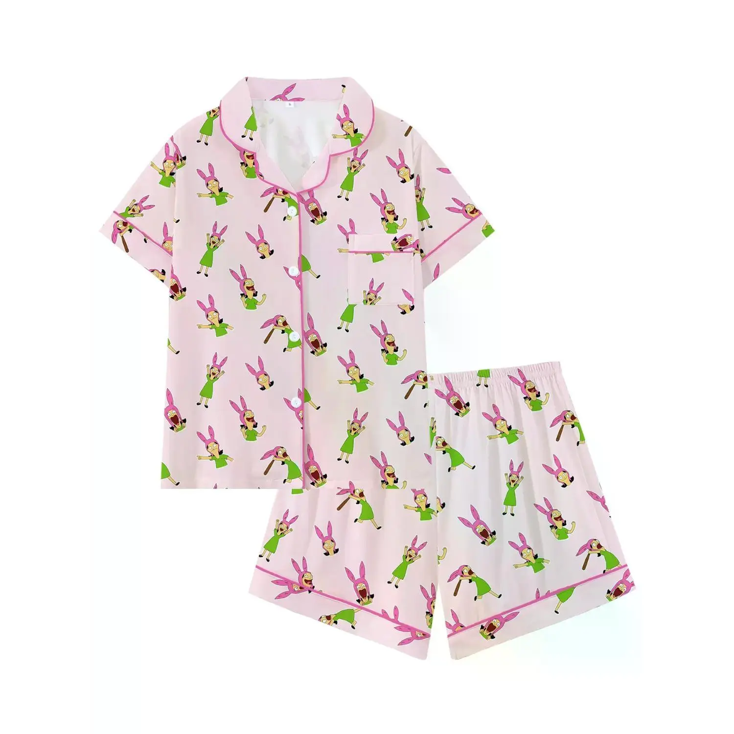Bob's Burgers Louise Cute Burger Collar Short Sleeve Cartoon Print Pajama Set, Comfortable Loungewear for All Seasons, Casual Sleepwear, Perfect Party Gift PJs