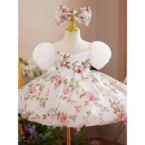 Baby Girl's Floral Print Contrast Mesh Maxi Dress & Bow Decor Hair Band, Elegant Puff Sleeve Zipper Back Party Dress for Party Performance Wedding Guest, Infant Toddler Kids Clothes for All Seasons, Baby Clothing